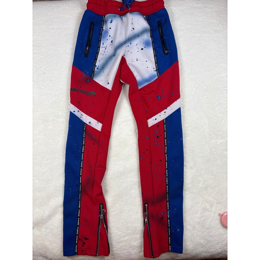 Rockstar Original Mens Track Pants Red White Blue Paint Splatter Joggers Small
